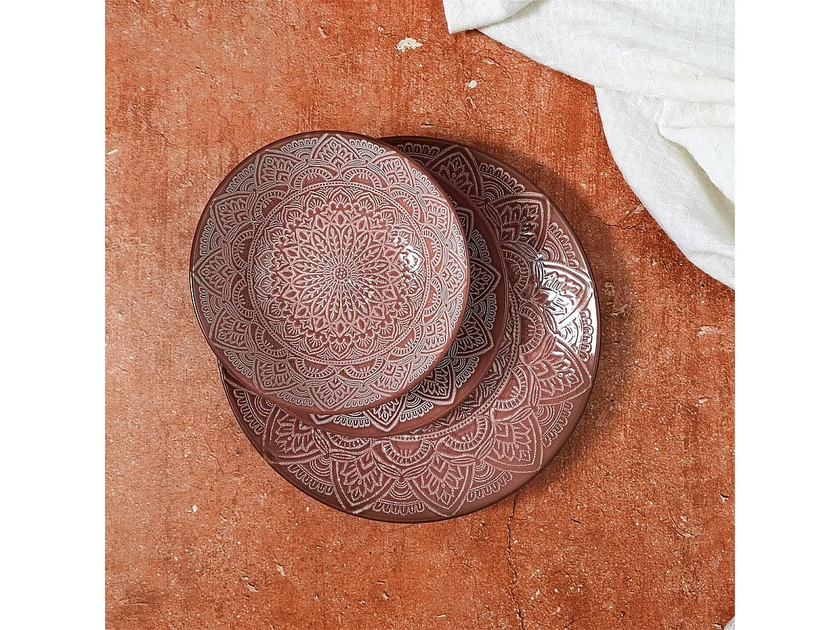Set de 6 assiettes plates en céramique terracotta motif mandala (Ø27 cm) - AKKA