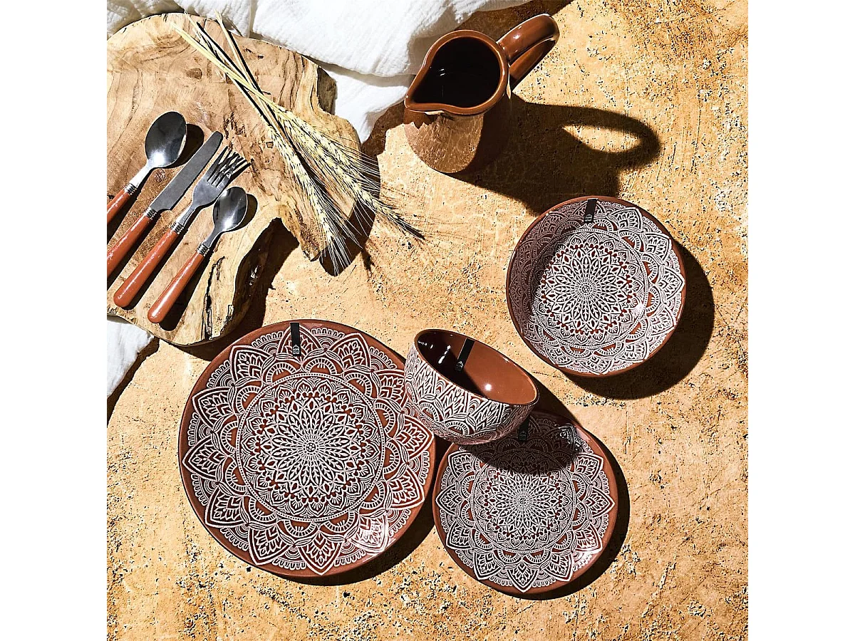 Set de 6 assiettes plates en céramique terracotta motif mandala (Ø27 cm) - AKKA