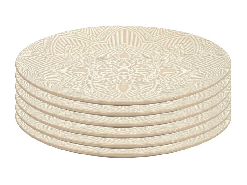 Set de 6 assiettes plates en céramique beige motif mandala (Ø27 cm) - AKKA
