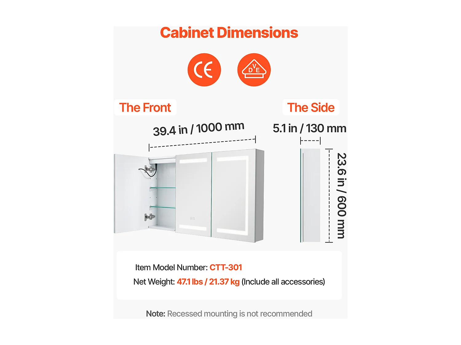 Wandschrank für Badezimmer SucceBuy Spiegelschrank mit Spiegel aus Gehärtetem Glas und LED-Beleuchtung mit 3 Einstellbaren Farben und Dimmfunktion, 100 x 60 cm