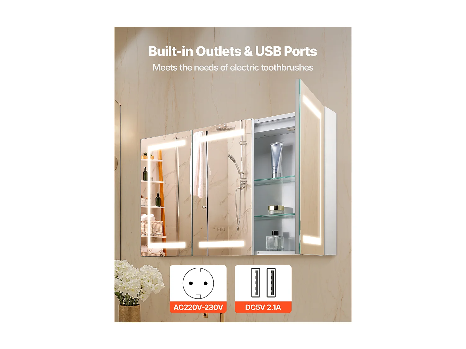 Armoire Murale Salle de Bain SucceBuy Armoire de Toilette avec Miroir en Verre Trempé et LED 3 Couleurs à Intensité Variable, 2 Étagères Réglables, 100x60 cm