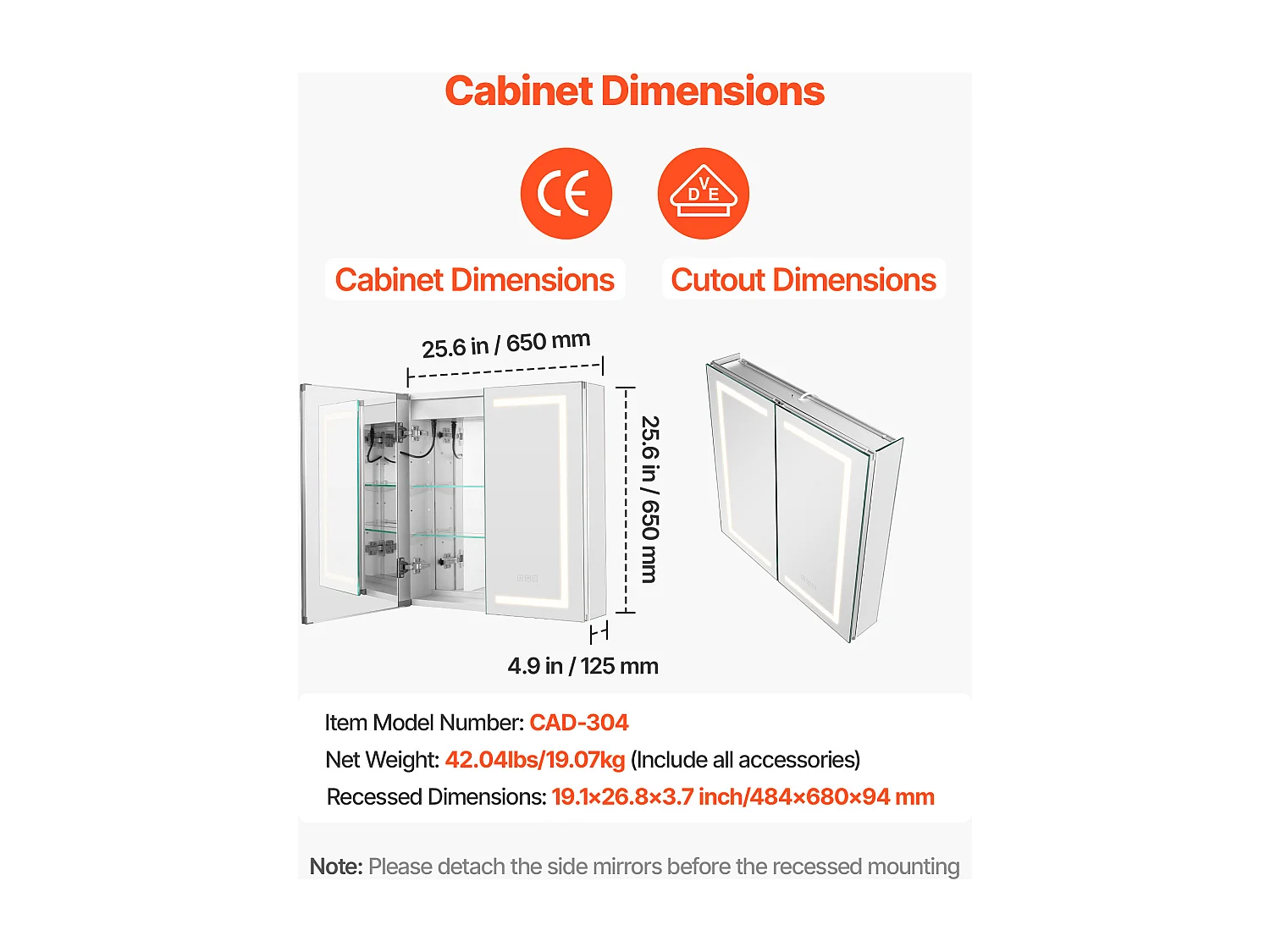Armoire Murale Salle de Bain SucceBuy Armoire de Toilette avec Miroir HD et LED 3 Couleurs à Intensité Variable, Fonction de Désembuage à Mémoire, 65x65 cm