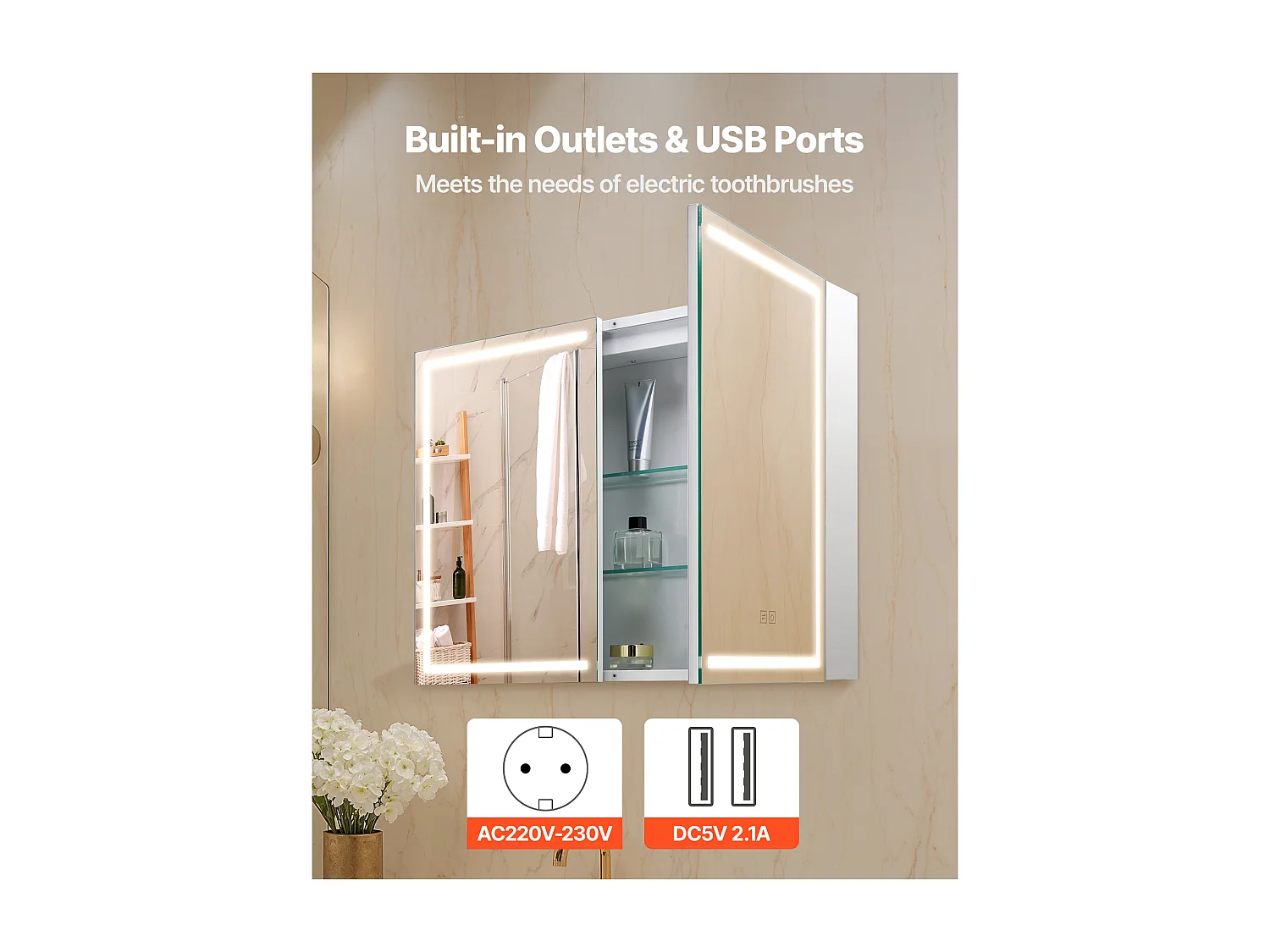 Armadio da Parete per Bagno SucceBuy Armadietto da Bagno con Specchio HD e LED a 3 Colori con Intensità Regolabile, Prese e Porte USB, 60x80 cm