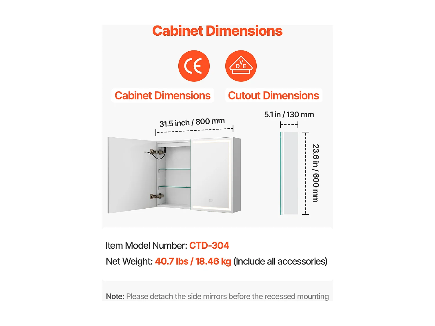 Armadio da Parete per Bagno SucceBuy Armadietto da Bagno con Specchio HD e LED a 3 Colori con Intensità Regolabile, Prese e Porte USB, 60x80 cm