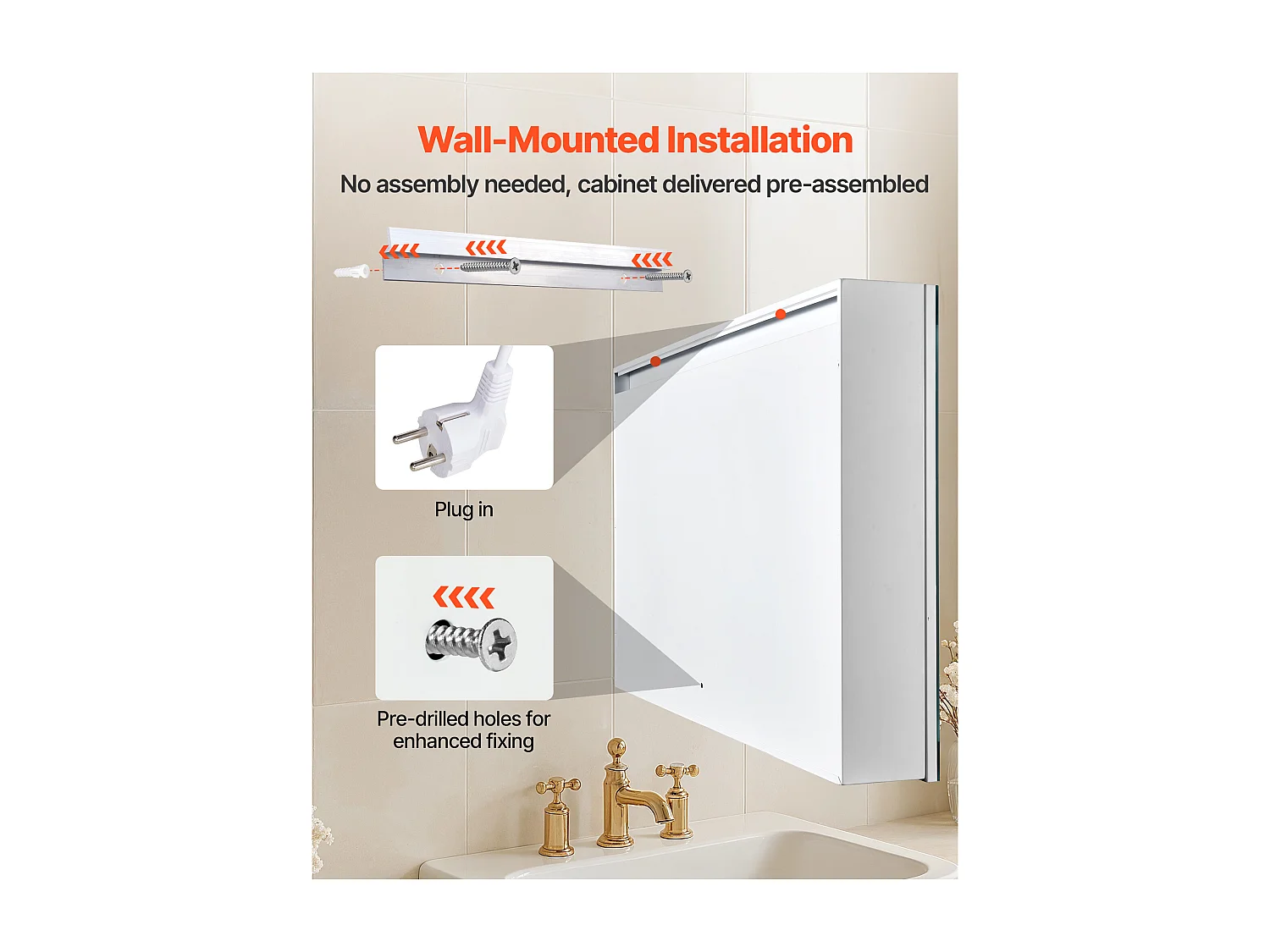 Armadio da Parete per Bagno SucceBuy Armadietto da Bagno con Specchio HD e LED a 3 Colori con Intensità Regolabile, Prese e Porte USB, 60x80 cm