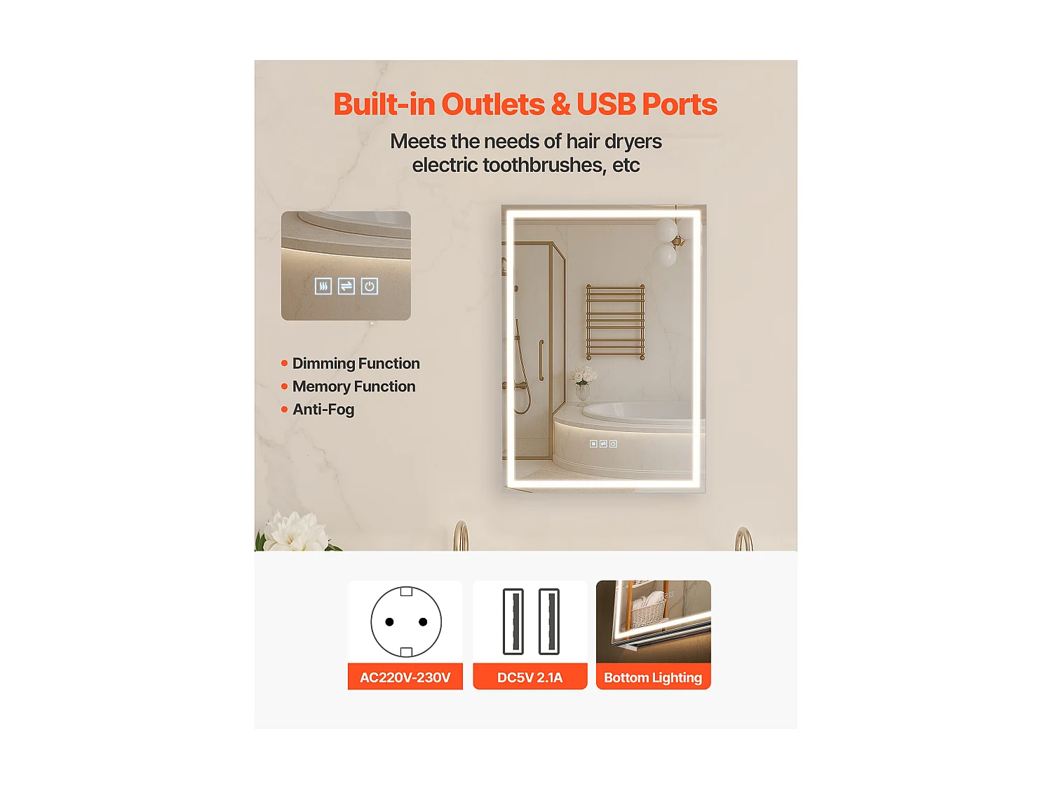 Szafka Ścienna do Łazienki SucceBuy Szafka Łazienkowa z Lustrem i 3-Kolorową Diodą LED o Zmiennej Intensywności, Funkcja Zapamiętywania Odmgławiania, 50 x 70 cm