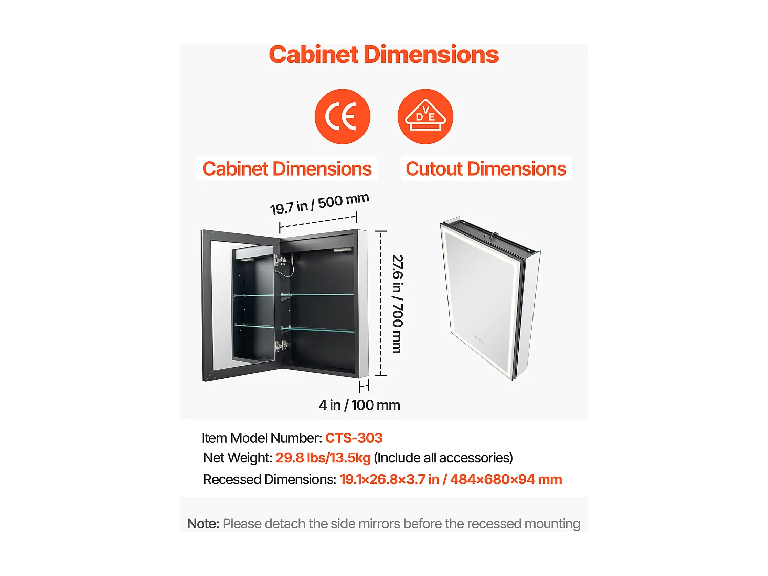 Szafka Ścienna do Łazienki SucceBuy Szafka Łazienkowa z Lustrem i 3-Kolorową Diodą LED o Zmiennej Intensywności, Funkcja Zapamiętywania Odmgławiania, 50 x 70 cm
