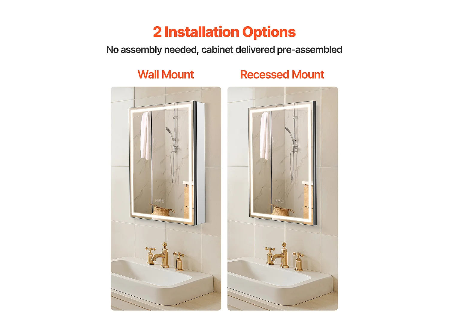 Szafka Ścienna do Łazienki SucceBuy Szafka Łazienkowa z Lustrem i 3-Kolorową Diodą LED o Zmiennej Intensywności, Funkcja Zapamiętywania Odmgławiania, 50 x 70 cm