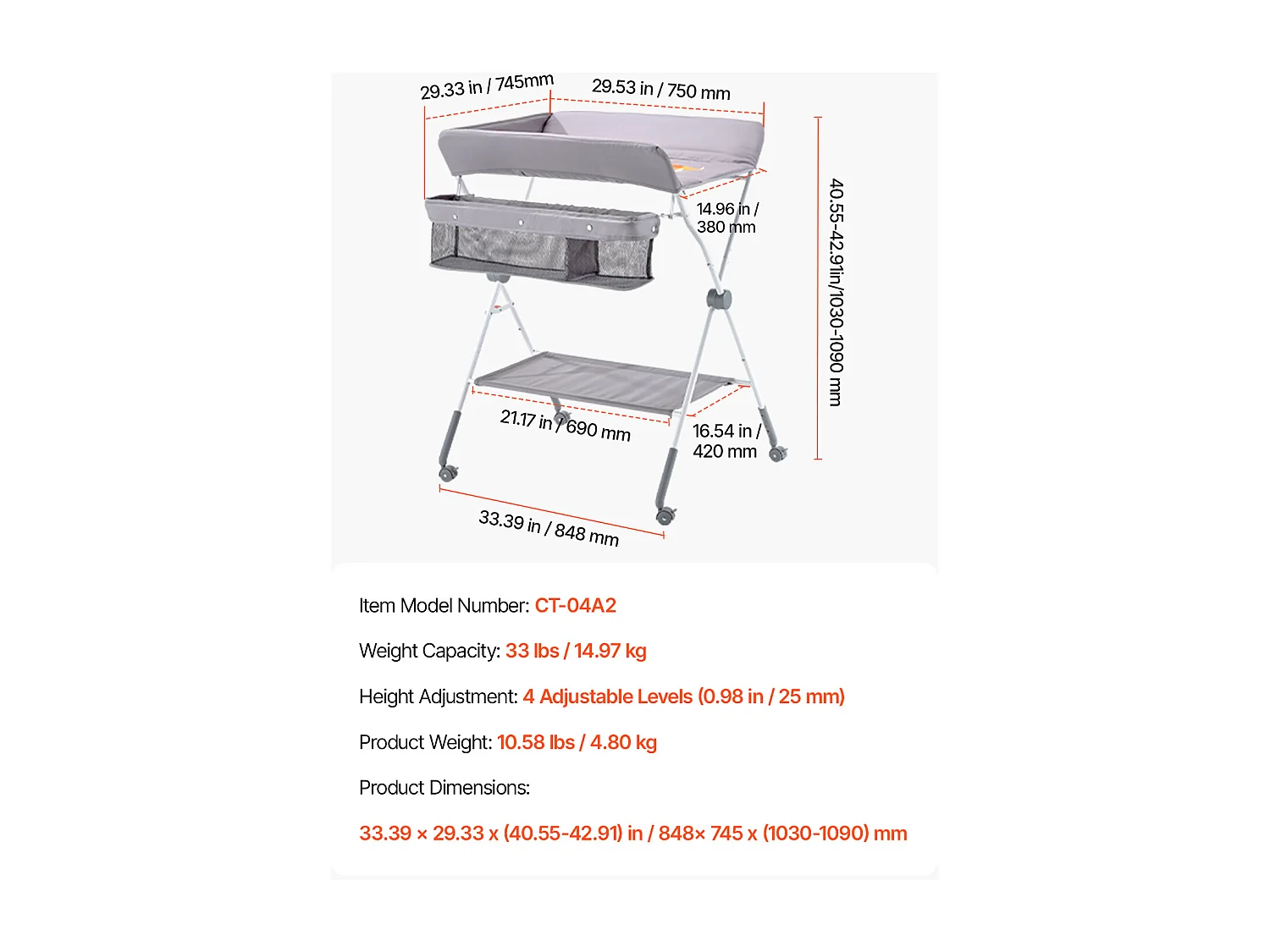Mesa para Trocar Fraldas Dobrável SucceBuy Plano para Trocar Fraldas com Cesto Lateral e Rodízios Bloqueáveis, Móvel para Bebés com Altura Ajustável