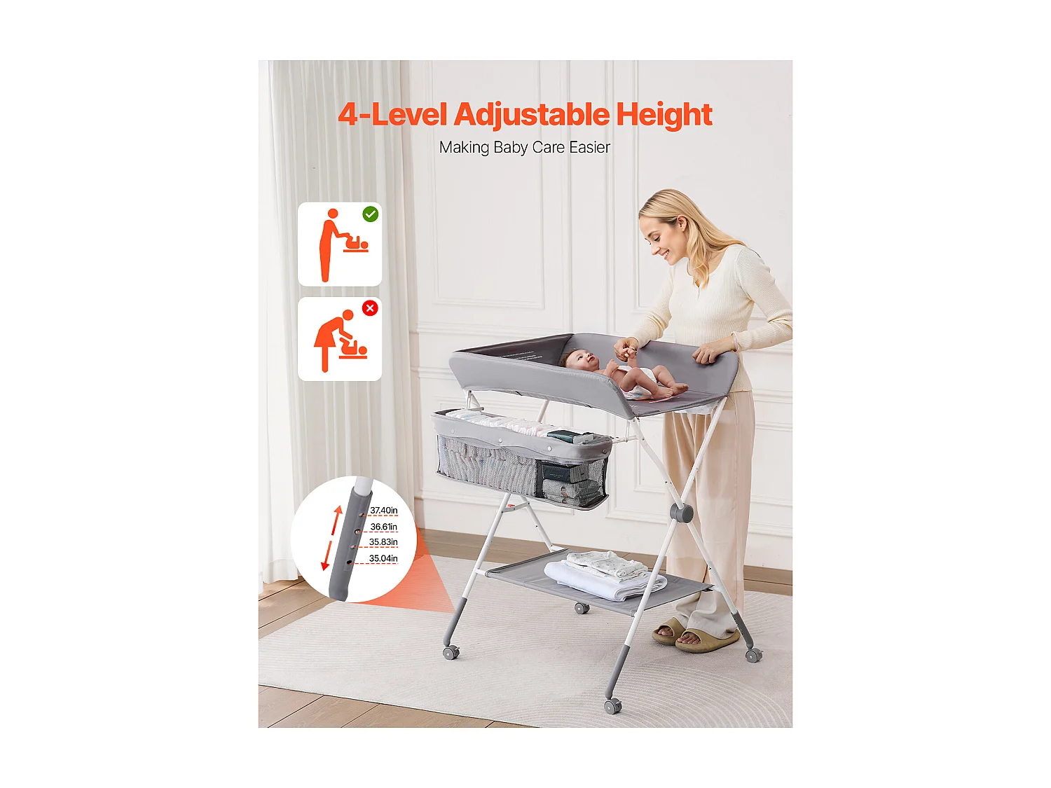 Mesa para Trocar Fraldas Dobrável SucceBuy Plano para Trocar Fraldas com Cesto Lateral e Rodízios Bloqueáveis, Móvel para Bebés com Altura Ajustável