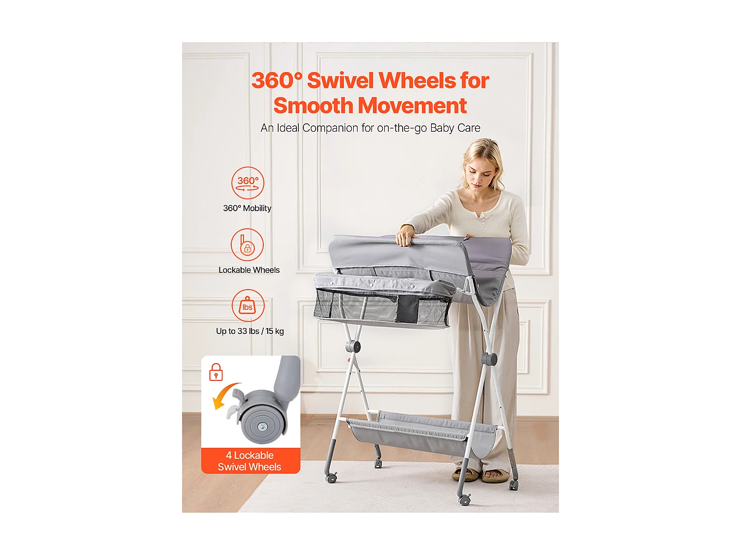 Mesa para Trocar Fraldas Dobrável SucceBuy Plano para Trocar Fraldas com Cesto Lateral e Rodízios Bloqueáveis, Móvel para Bebés com Altura Ajustável