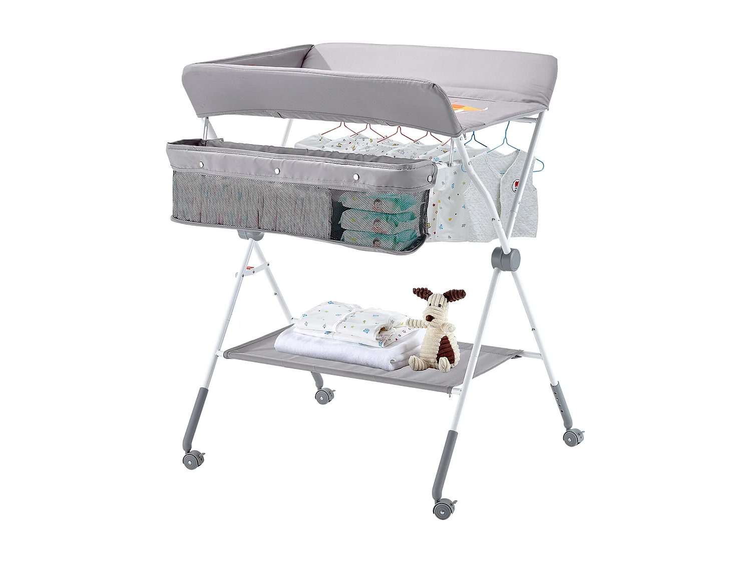 Mesa para Trocar Fraldas Dobrável SucceBuy Plano para Trocar Fraldas com Cesto Lateral e Rodízios Bloqueáveis, Móvel para Bebés com Altura Ajustável