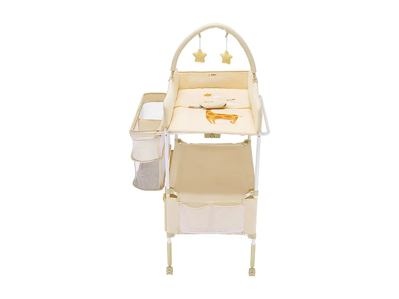 Fasciatoio Pieghevole SucceBuy Piano Fasciatoio con 2 Cassetti in Tessuto, Cestino Laterale e Barra Appendiabiti,  Rotelle Bloccabili, Beige