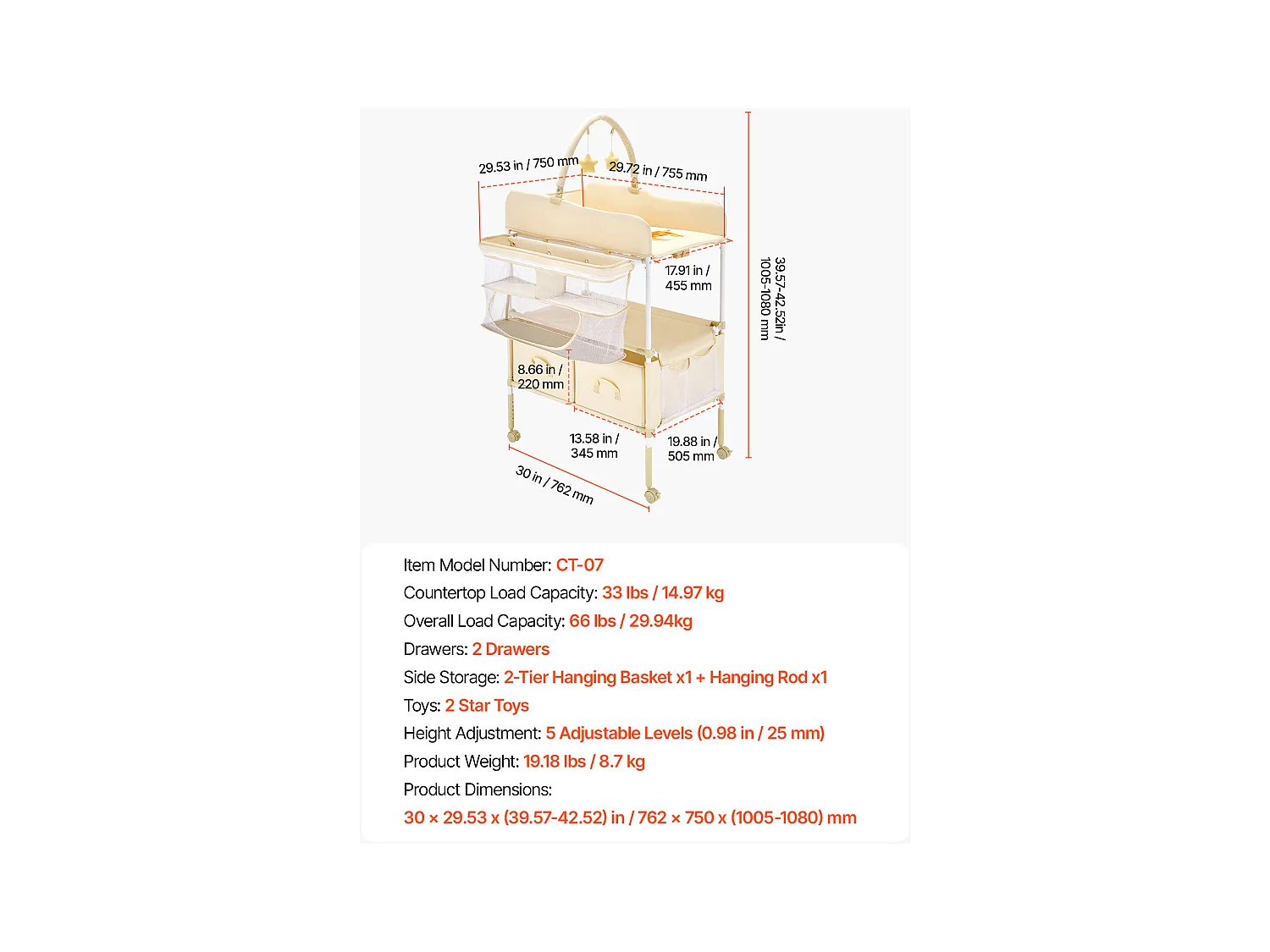 Table à Langer Pliable SucceBuy Plan à Langer avec 2 Tiroirs en Tissu, Panier Latéral et Tringle de Suspension, Roulettes Verrouillables et 2 Jouets Étoiles, Beige