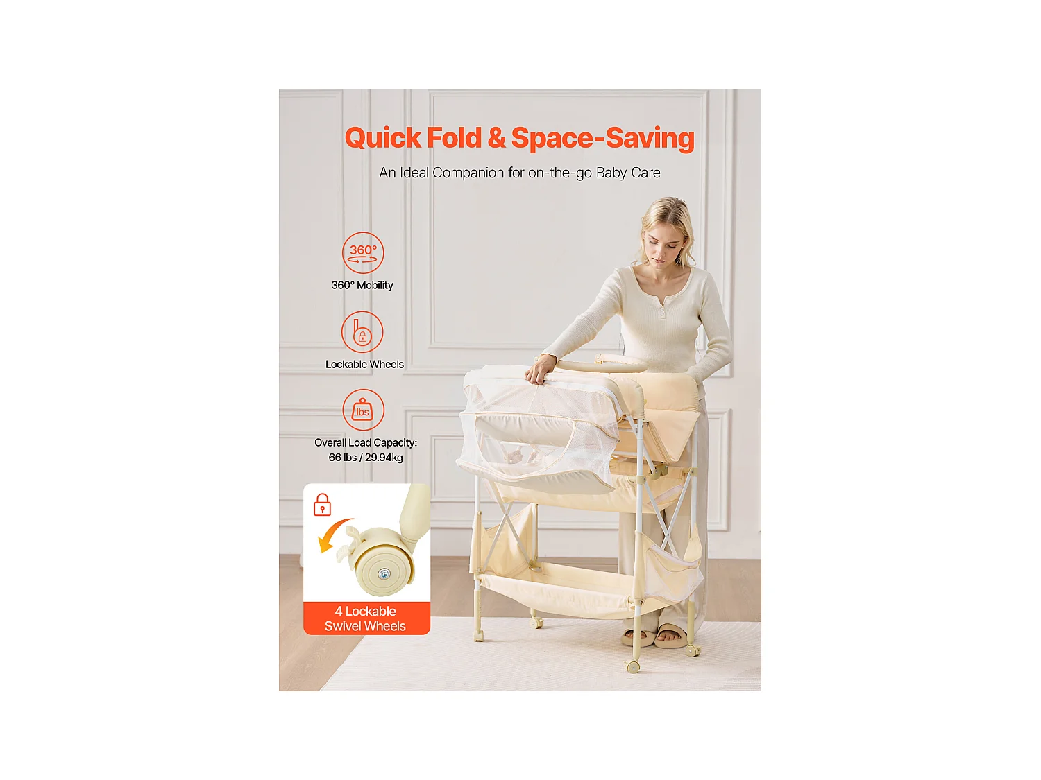 Table à Langer Pliable SucceBuy Plan à Langer avec 2 Tiroirs en Tissu, Panier Latéral et Tringle de Suspension, Roulettes Verrouillables et 2 Jouets Étoiles, Beige