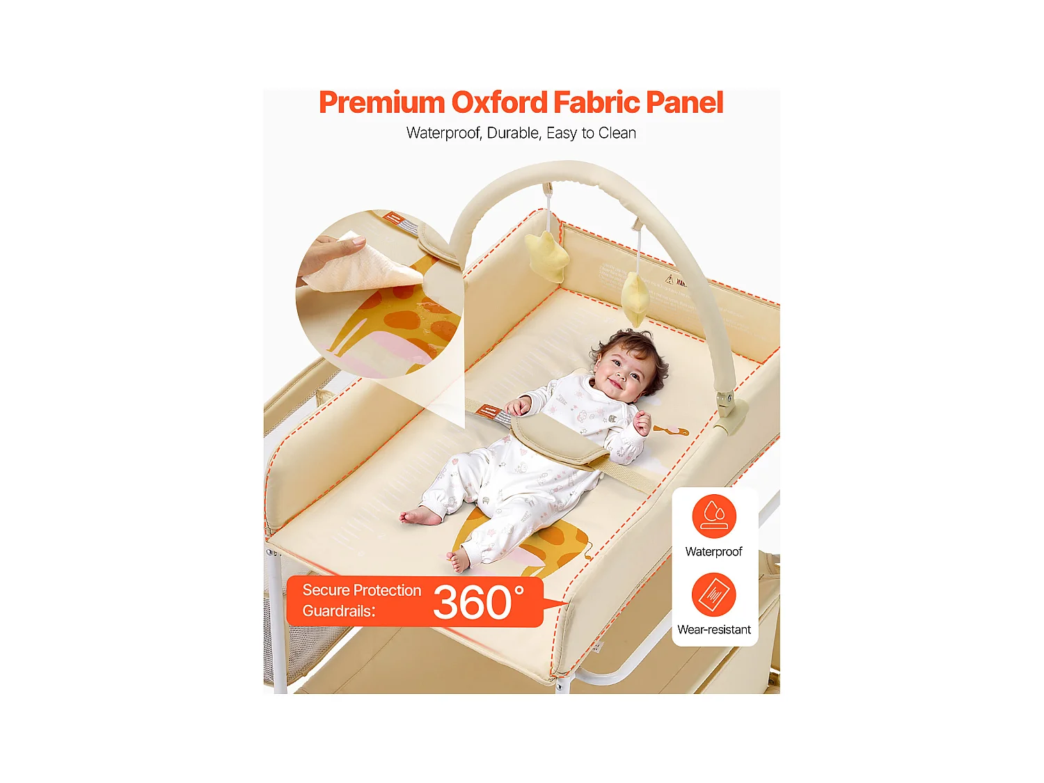 Table à Langer Pliable SucceBuy Plan à Langer avec 2 Tiroirs en Tissu, Panier Latéral et Tringle de Suspension, Roulettes Verrouillables et 2 Jouets Étoiles, Beige