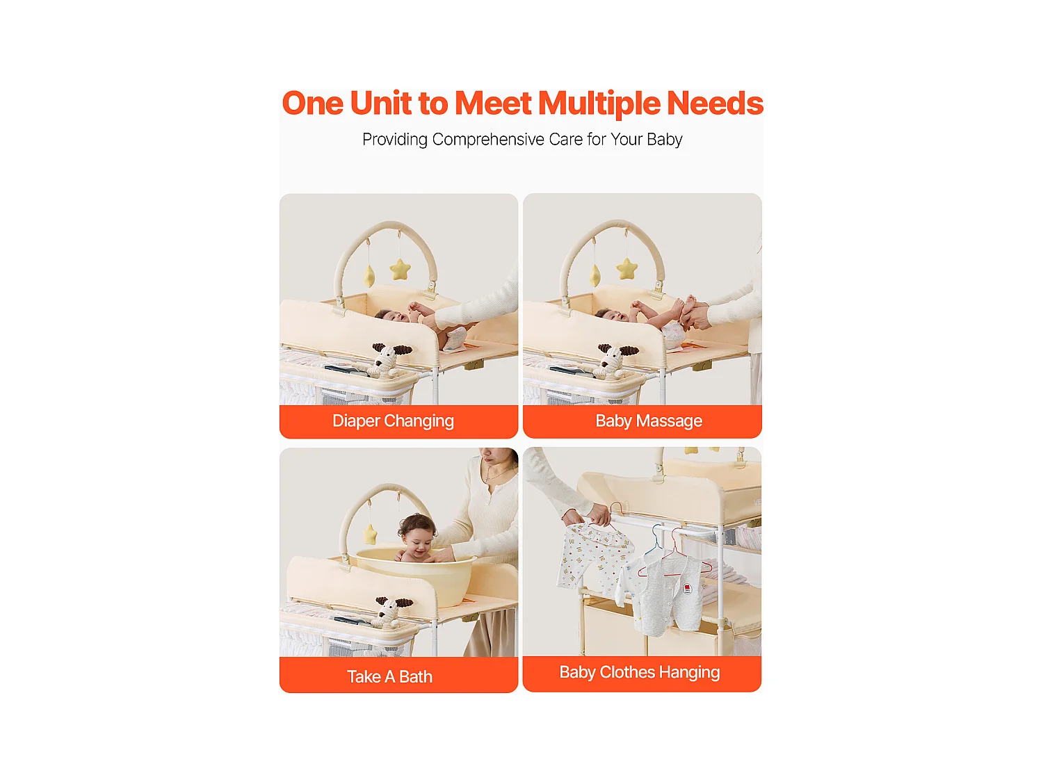 Table à Langer Pliable SucceBuy Plan à Langer avec 2 Tiroirs en Tissu, Panier Latéral et Tringle de Suspension, Roulettes Verrouillables et 2 Jouets Étoiles, Beige