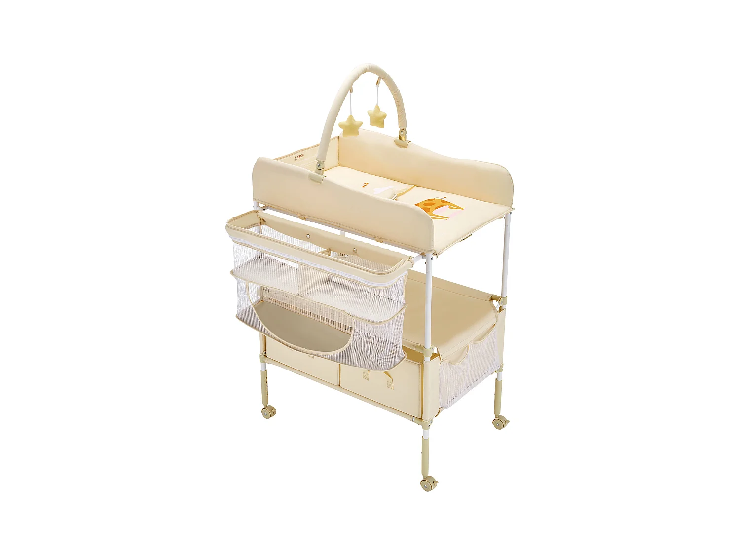 Table à Langer Pliable SucceBuy Plan à Langer avec 2 Tiroirs en Tissu, Panier Latéral et Tringle de Suspension, Roulettes Verrouillables et 2 Jouets Étoiles, Beige
