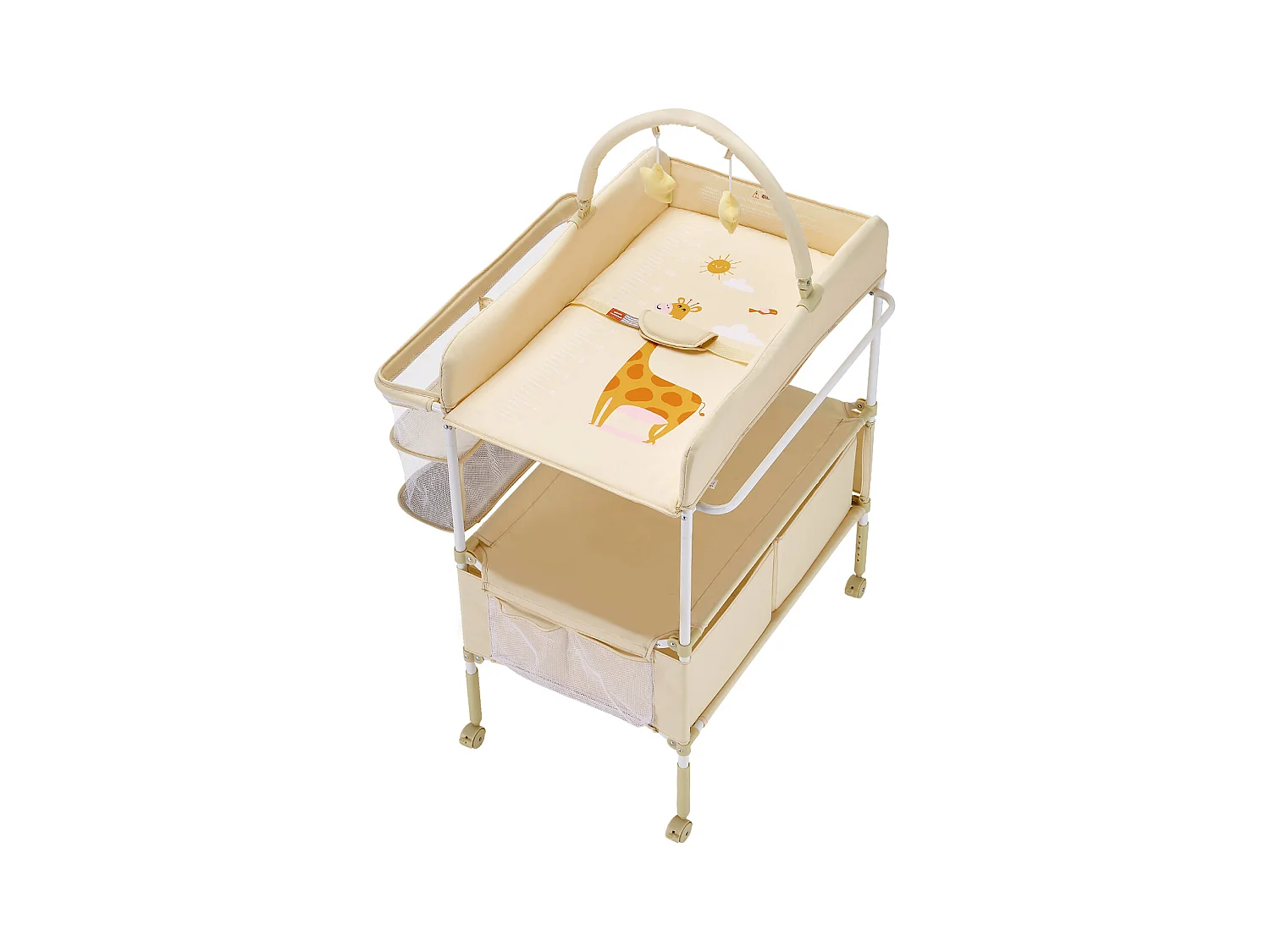 Table à Langer Pliable SucceBuy Plan à Langer avec 2 Tiroirs en Tissu, Panier Latéral et Tringle de Suspension, Roulettes Verrouillables et 2 Jouets Étoiles, Beige