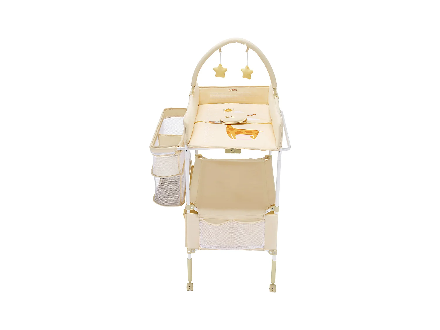 Table à Langer Pliable SucceBuy Plan à Langer avec 2 Tiroirs en Tissu, Panier Latéral et Tringle de Suspension, Roulettes Verrouillables et 2 Jouets Étoiles, Beige