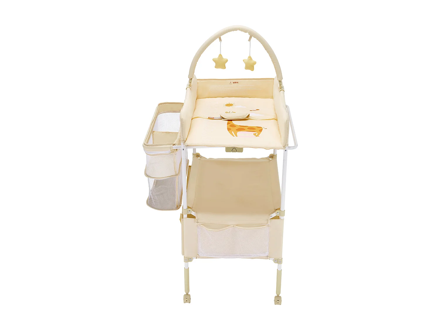 Table à Langer Pliable SucceBuy Plan à Langer avec 2 Tiroirs en Tissu, Panier Latéral et Tringle de Suspension, Roulettes Verrouillables et 2 Jouets Étoiles, Beige