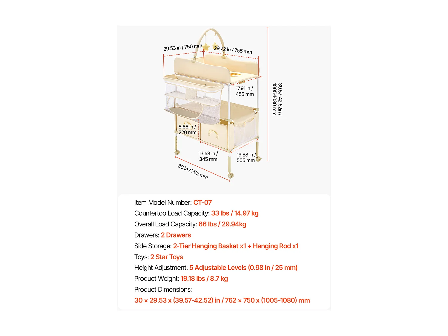 Table à Langer Pliable SucceBuy Plan à Langer avec 2 Tiroirs en Tissu, Panier Latéral et Tringle de Suspension, Roulettes Verrouillables et 2 Jouets Étoiles, Beige
