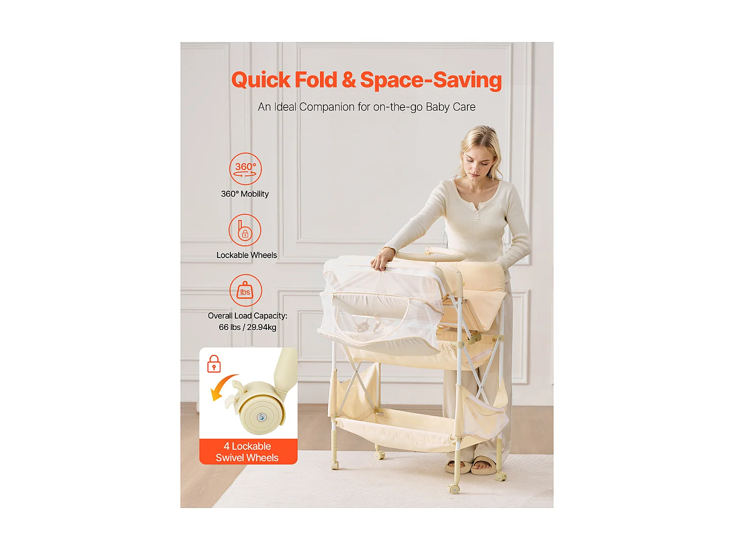 Table à Langer Pliable SucceBuy Plan à Langer avec 2 Tiroirs en Tissu, Panier Latéral et Tringle de Suspension, Roulettes Verrouillables et 2 Jouets Étoiles, Beige