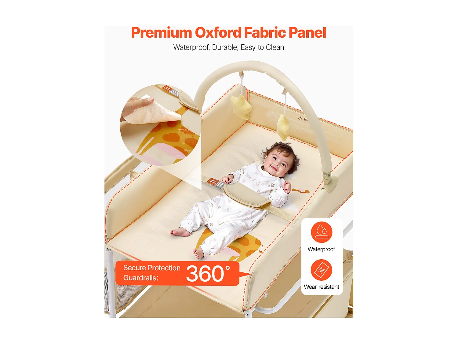 Table à Langer Pliable SucceBuy Plan à Langer avec 2 Tiroirs en Tissu, Panier Latéral et Tringle de Suspension, Roulettes Verrouillables et 2 Jouets Étoiles, Beige