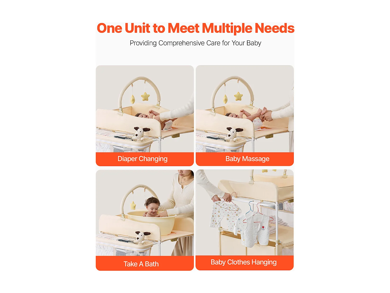 Table à Langer Pliable SucceBuy Plan à Langer avec 2 Tiroirs en Tissu, Panier Latéral et Tringle de Suspension, Roulettes Verrouillables et 2 Jouets Étoiles, Beige