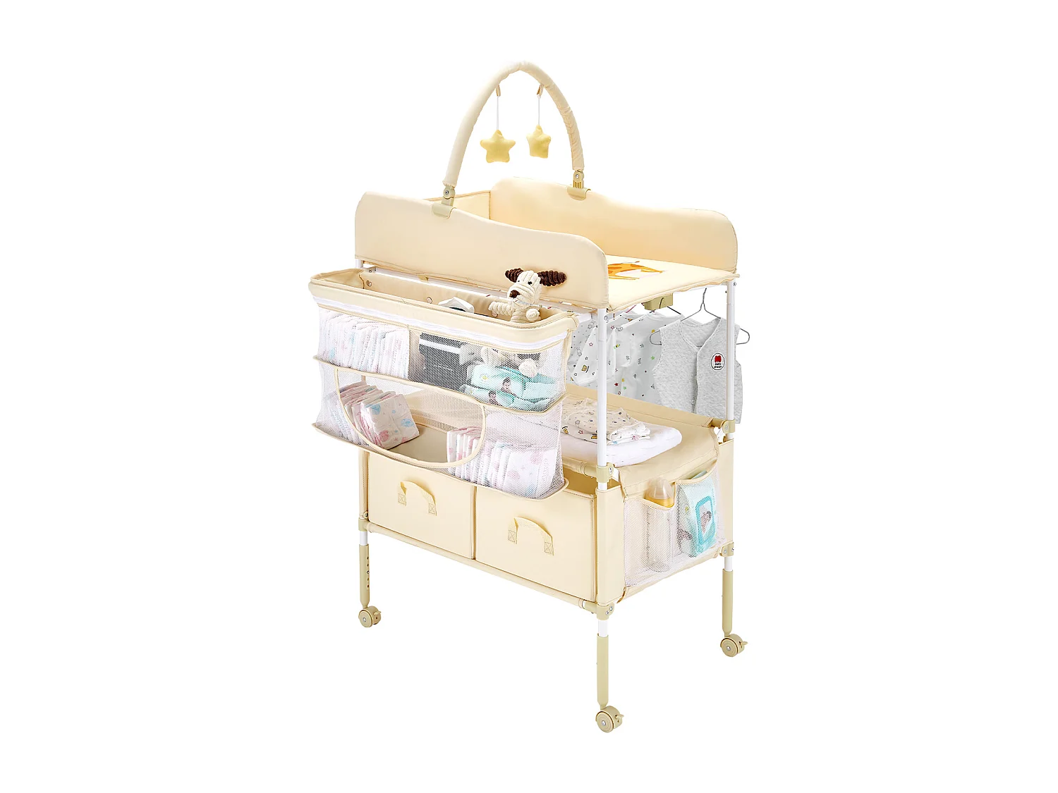 Table à Langer Pliable SucceBuy Plan à Langer avec 2 Tiroirs en Tissu, Panier Latéral et Tringle de Suspension, Roulettes Verrouillables et 2 Jouets Étoiles, Beige