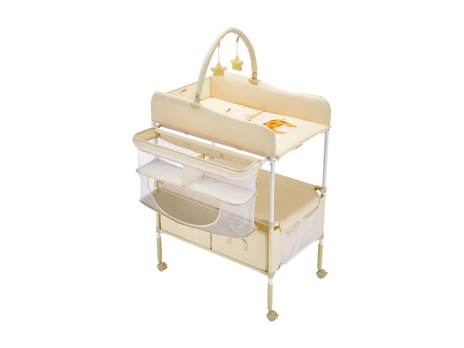 Table à Langer Pliable SucceBuy Plan à Langer avec 2 Tiroirs en Tissu, Panier Latéral et Tringle de Suspension, Roulettes Verrouillables et 2 Jouets Étoiles, Beige