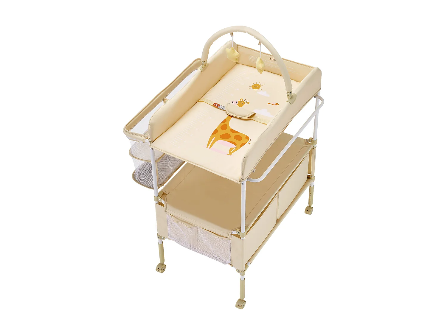 Table à Langer Pliable SucceBuy Plan à Langer avec 2 Tiroirs en Tissu, Panier Latéral et Tringle de Suspension, Roulettes Verrouillables et 2 Jouets Étoiles, Beige