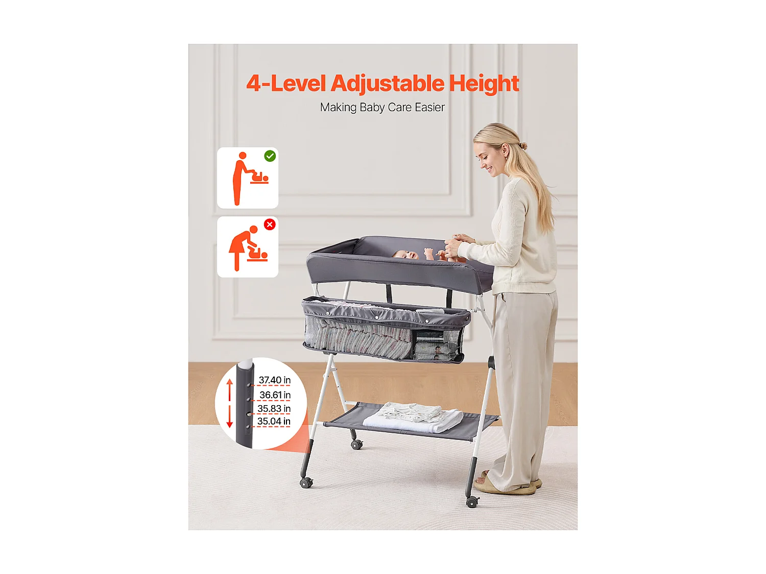 Skladany Stolik do Przewijania SucceBuy Blat do Przewijania z Bocznym Koszem i Blokowanymi Kółkami, Wielofunkcyjne Miejsce do Przechowywania w Pokoju Dziecięcym