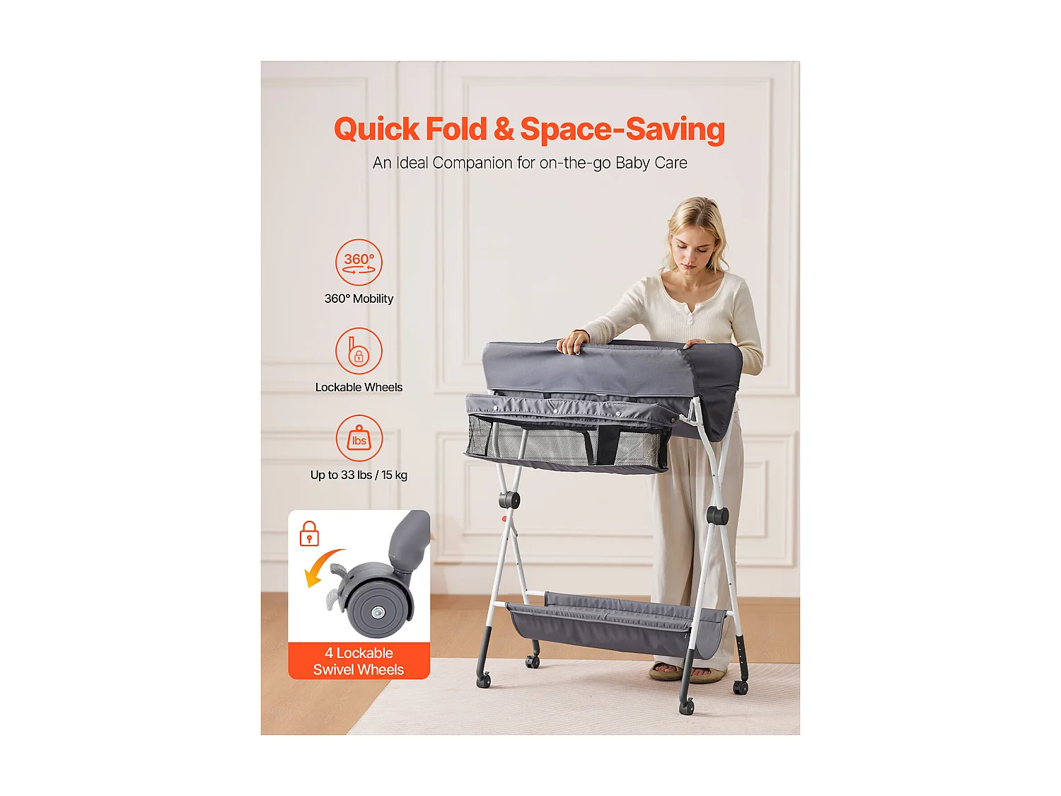 Skladany Stolik do Przewijania SucceBuy Blat do Przewijania z Bocznym Koszem i Blokowanymi Kółkami, Wielofunkcyjne Miejsce do Przechowywania w Pokoju Dziecięcym