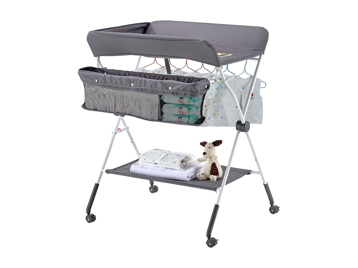 Skladany Stolik do Przewijania SucceBuy Blat do Przewijania z Bocznym Koszem i Blokowanymi Kółkami, Wielofunkcyjne Miejsce do Przechowywania w Pokoju Dziecięcym