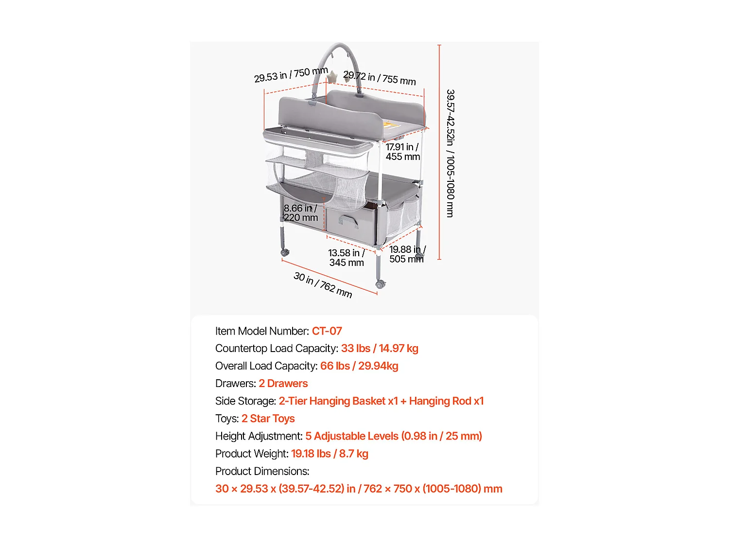 Mesa para Trocar Fraldas Dobrável SucceBuy Plano para Trocar Fraldas com 2 Gavetas em Tecido, Cesto Lateral e Barra para Pendurar, Rodízios Bloqueáveis