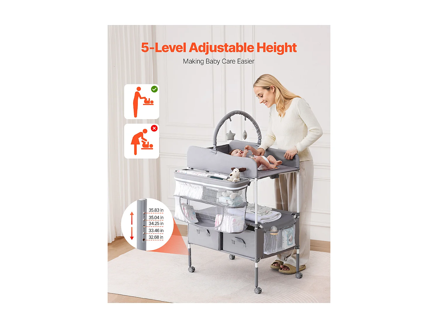 Mesa para Trocar Fraldas Dobrável SucceBuy Plano para Trocar Fraldas com 2 Gavetas em Tecido, Cesto Lateral e Barra para Pendurar, Rodízios Bloqueáveis