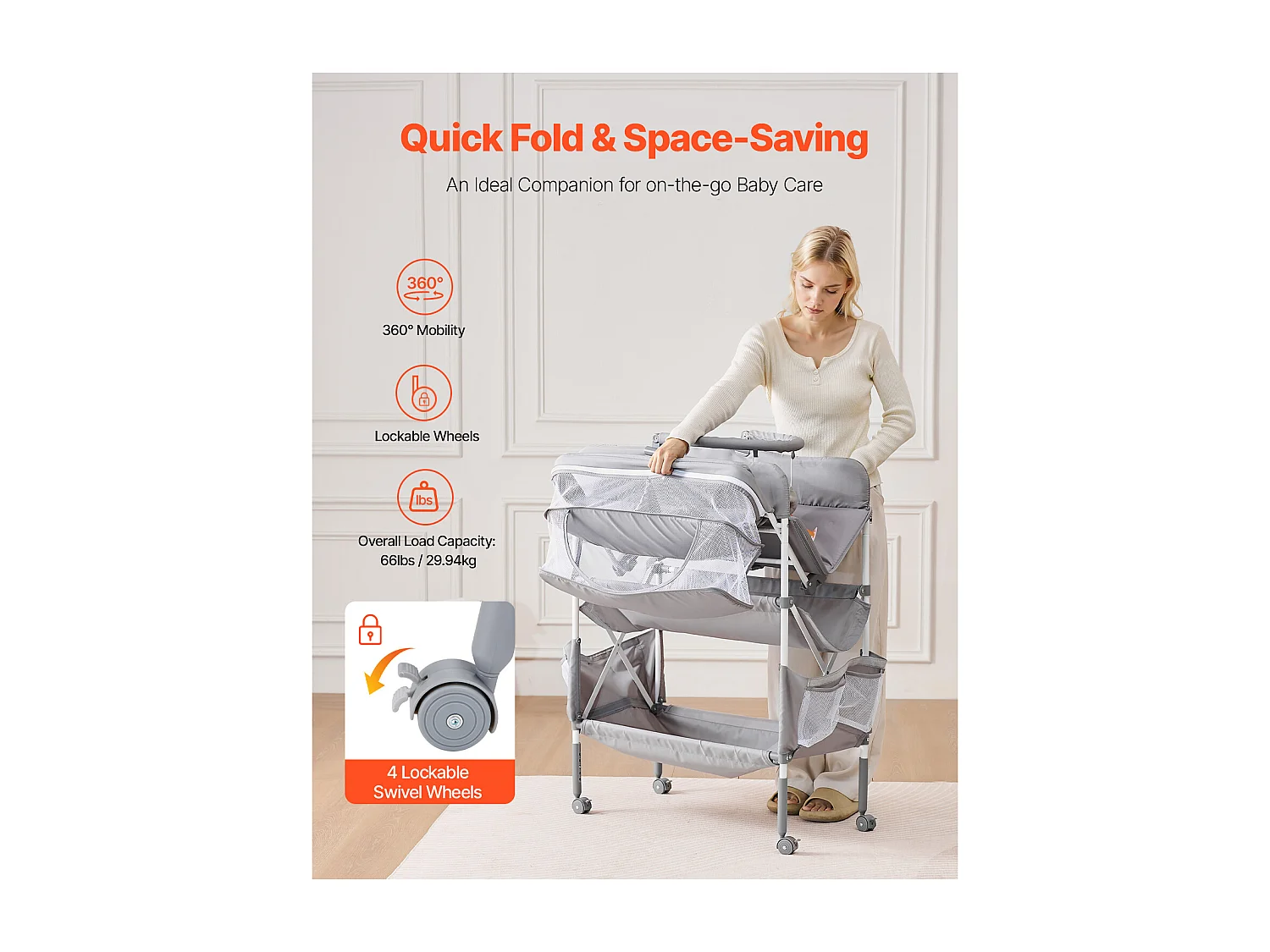 Mesa para Trocar Fraldas Dobrável SucceBuy Plano para Trocar Fraldas com 2 Gavetas em Tecido, Cesto Lateral e Barra para Pendurar, Rodízios Bloqueáveis