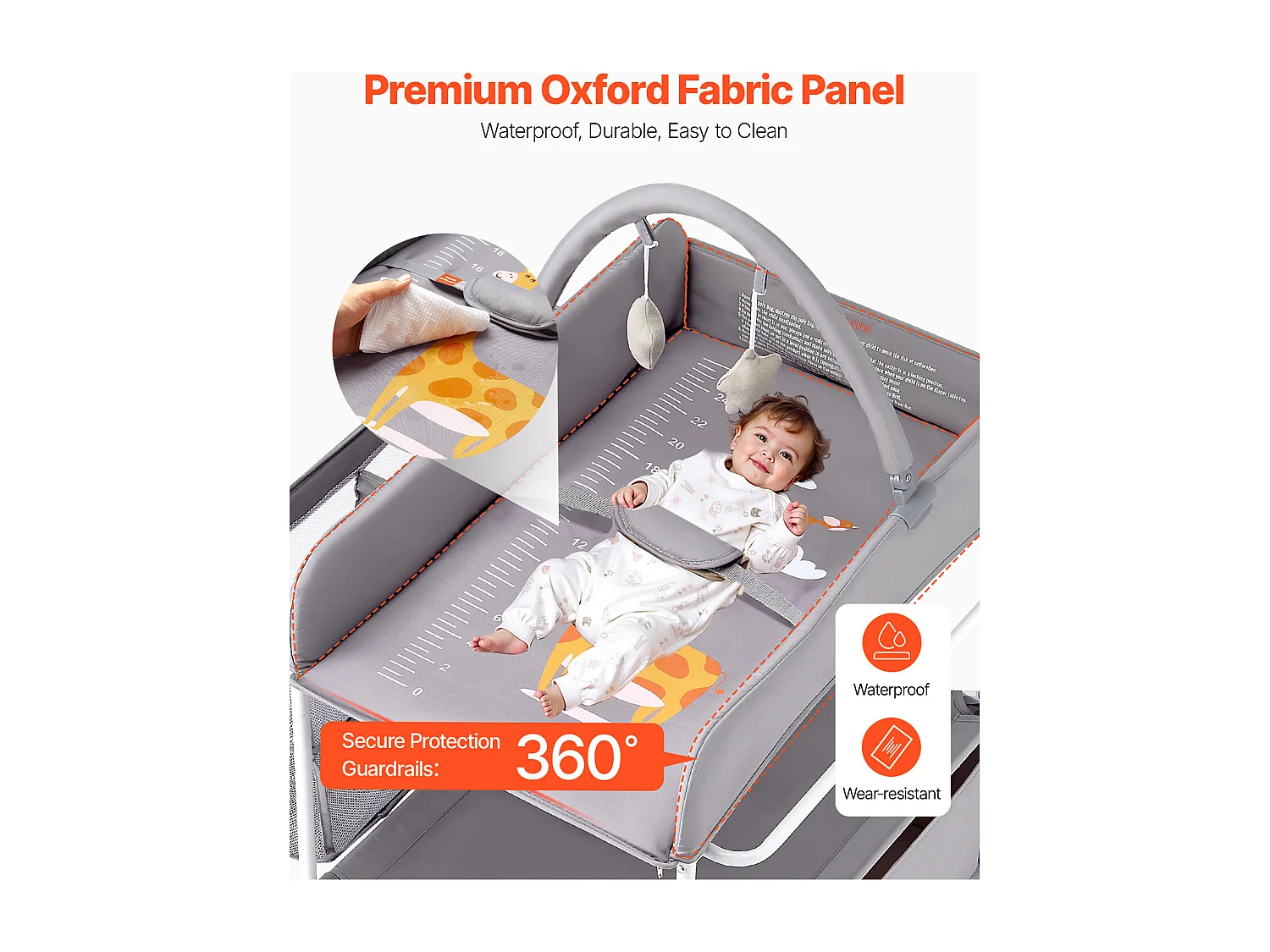 Mesa para Trocar Fraldas Dobrável SucceBuy Plano para Trocar Fraldas com 2 Gavetas em Tecido, Cesto Lateral e Barra para Pendurar, Rodízios Bloqueáveis