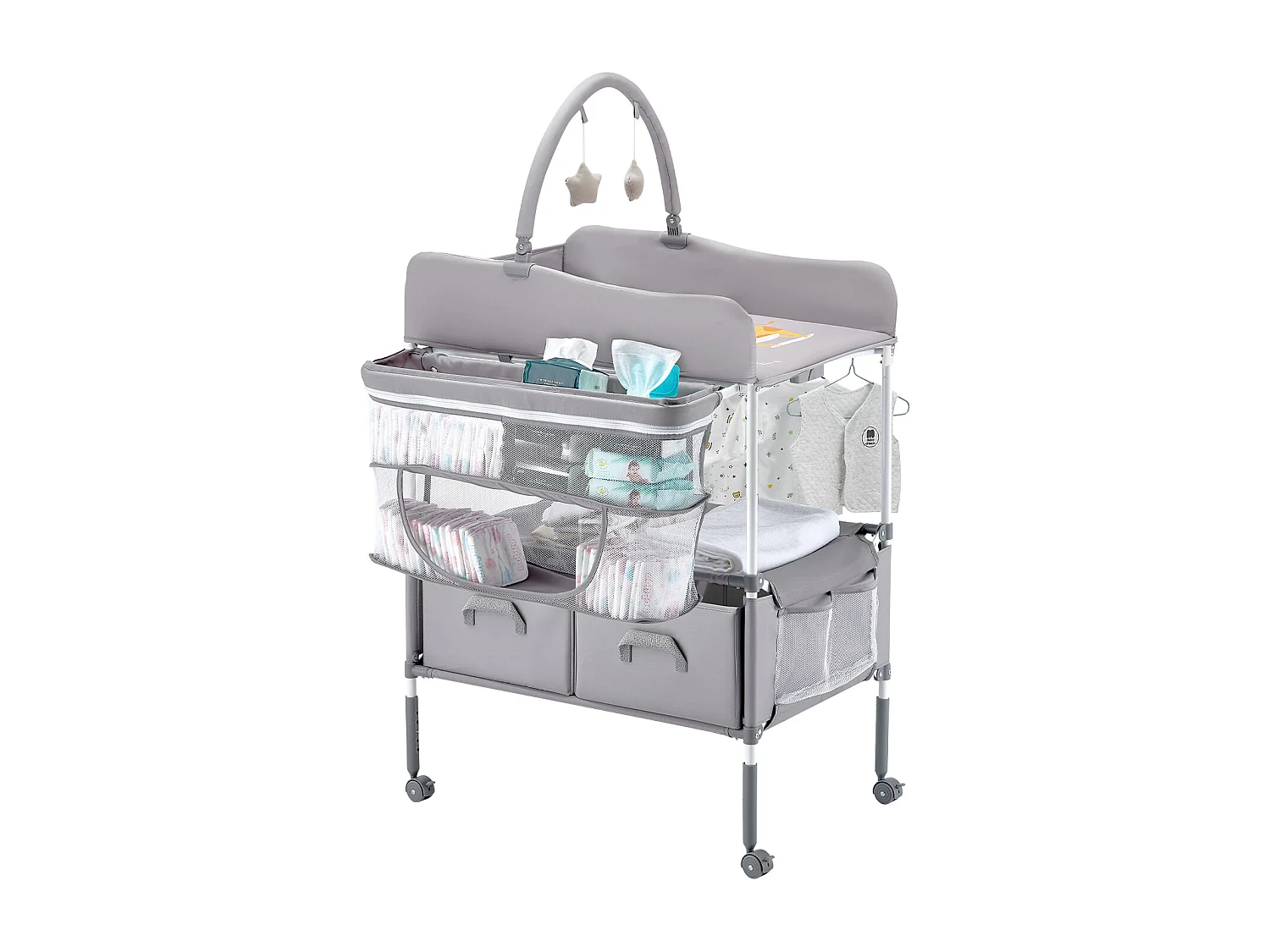 Mesa para Trocar Fraldas Dobrável SucceBuy Plano para Trocar Fraldas com 2 Gavetas em Tecido, Cesto Lateral e Barra para Pendurar, Rodízios Bloqueáveis