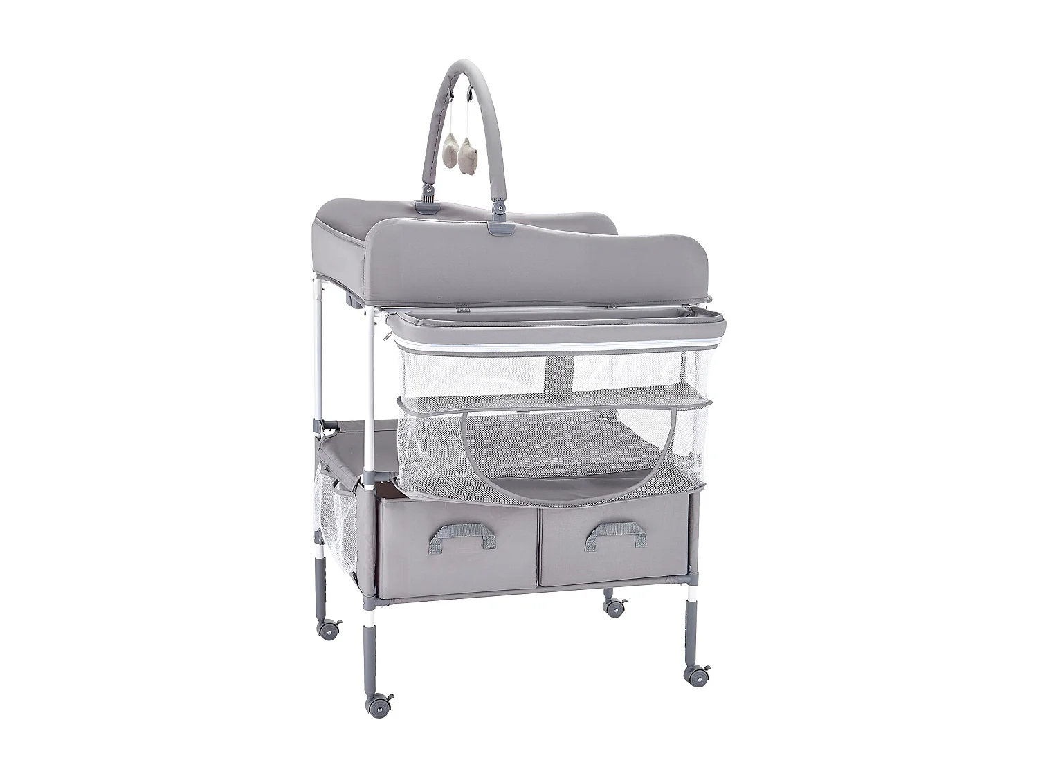 Mesa para Trocar Fraldas Dobrável SucceBuy Plano para Trocar Fraldas com 2 Gavetas em Tecido, Cesto Lateral e Barra para Pendurar, Rodízios Bloqueáveis