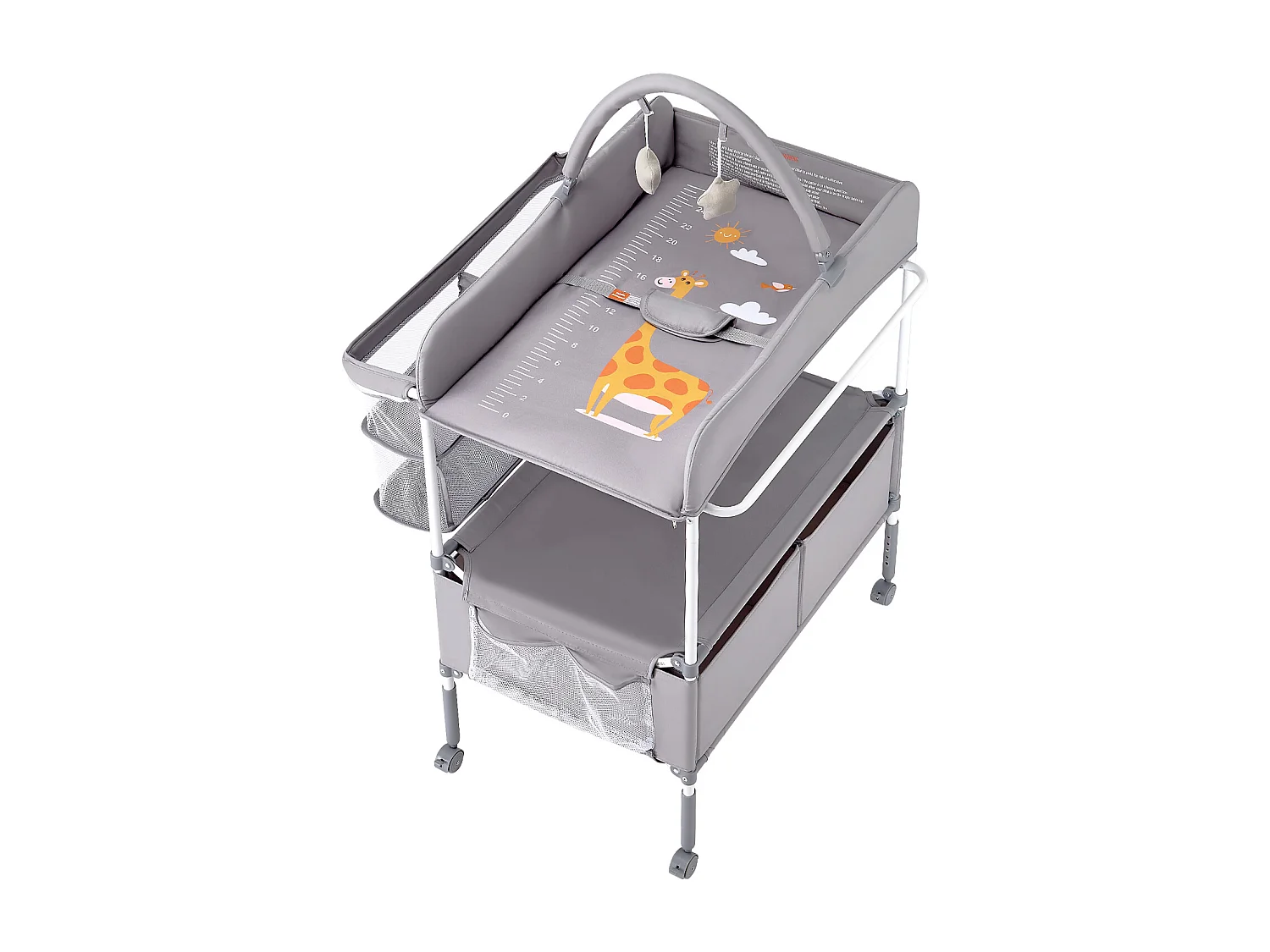 Mesa para Trocar Fraldas Dobrável SucceBuy Plano para Trocar Fraldas com 2 Gavetas em Tecido, Cesto Lateral e Barra para Pendurar, Rodízios Bloqueáveis