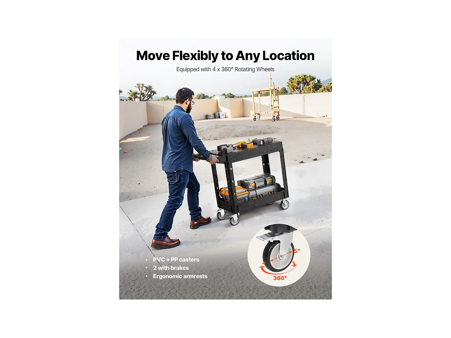 Chariot de Service SucceBuy Desserte à Roulettes Utilitaire en Plastique Robuste à 2 Niveaux avec Roues Pivotantes 360° (2 avec Freins), 1015x450x850 mm