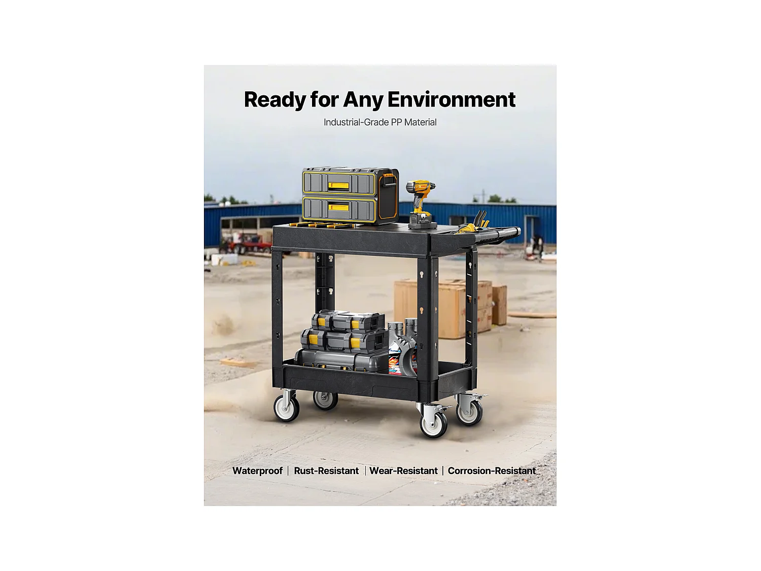 Chariot de Service SucceBuy Desserte à Roulettes Utilitaire en Plastique Robuste à 2 Niveaux avec Roues Pivotantes 360° (2 avec Freins), 1015x450x850 mm