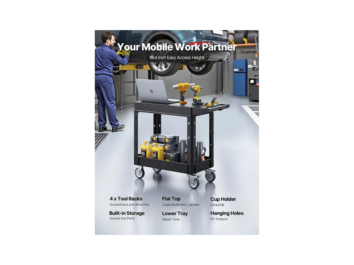 Chariot de Service SucceBuy Desserte à Roulettes Utilitaire en Plastique Robuste à 2 Niveaux avec Roues Pivotantes 360° (2 avec Freins), 1015x450x850 mm