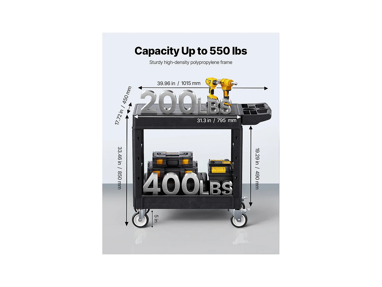 Chariot de Service SucceBuy Desserte à Roulettes Utilitaire en Plastique Robuste à 2 Niveaux avec Roues Pivotantes 360° (2 avec Freins), 1015x450x850 mm