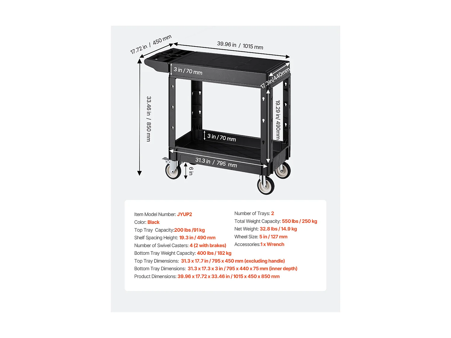 Chariot de Service SucceBuy Desserte à Roulettes Utilitaire en Plastique Robuste à 2 Niveaux avec Roues Pivotantes 360° (2 avec Freins), 1015x450x850 mm