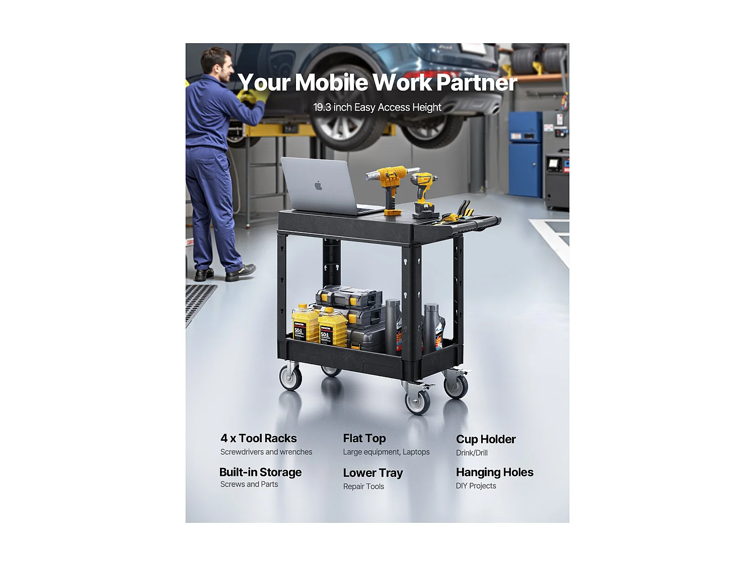 Chariot de Service SucceBuy Desserte à Roulettes Utilitaire en Plastique Robuste à 2 Niveaux avec Roues Pivotantes 360° (2 avec Freins), 1015x450x850 mm