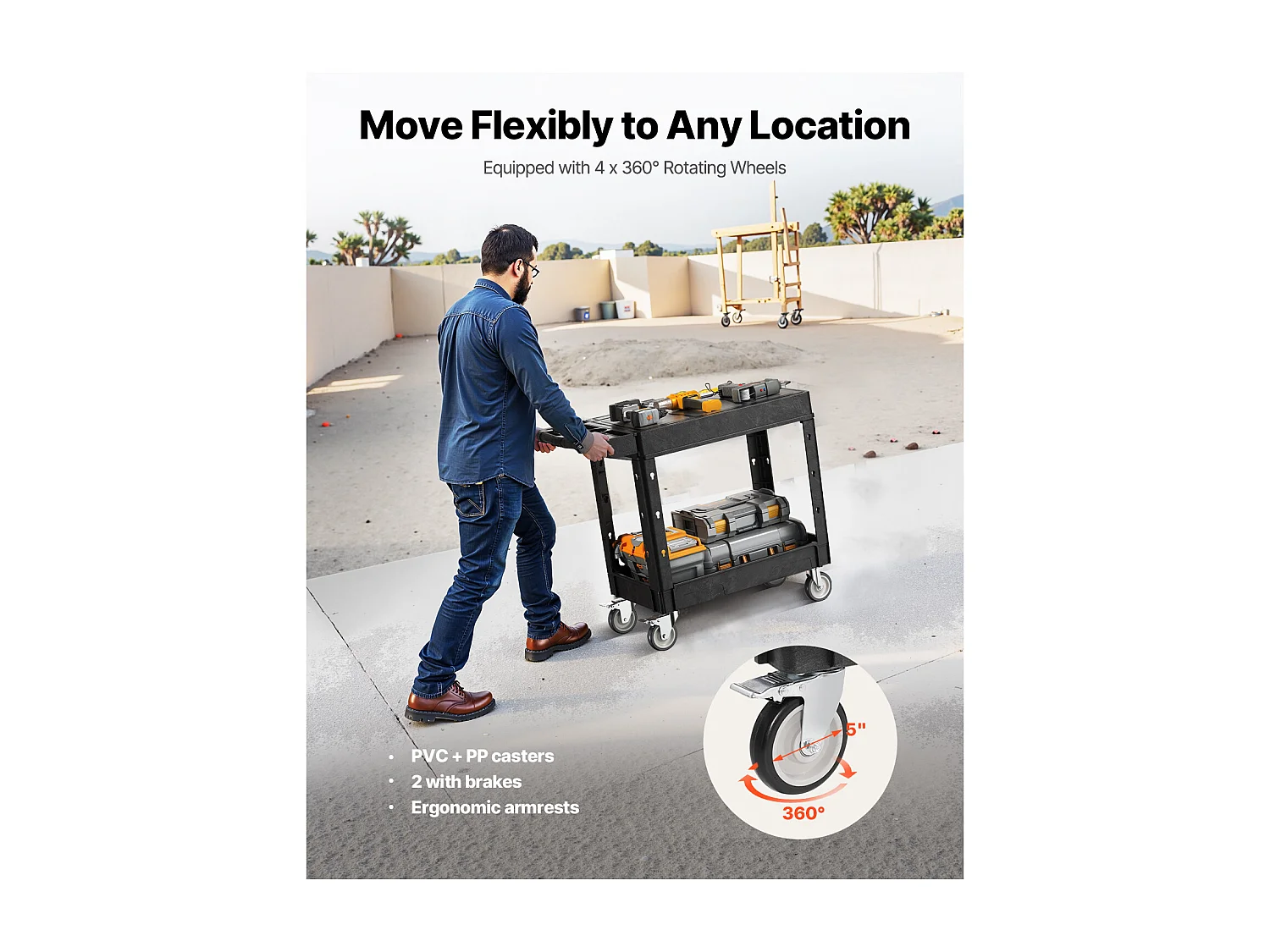 Chariot de Service SucceBuy Desserte à Roulettes Utilitaire en Plastique Robuste à 2 Niveaux avec Roues Pivotantes 360° (2 avec Freins), 1015x450x850 mm