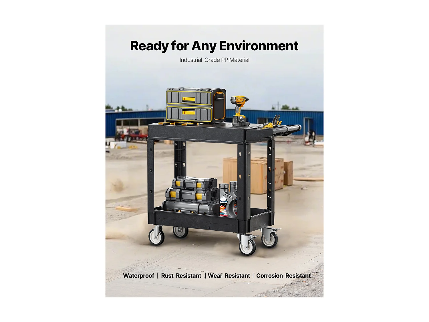 Chariot de Service SucceBuy Desserte à Roulettes Utilitaire en Plastique Robuste à 2 Niveaux avec Roues Pivotantes 360° (2 avec Freins), 1015x450x850 mm